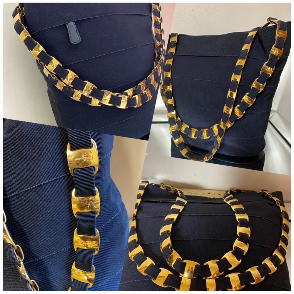 💥💥💥VINTAGE SUPER BEAUTIFUL 💥💥Ferragamo Navy blue Canvas Vara
Chain Tote💥💥
